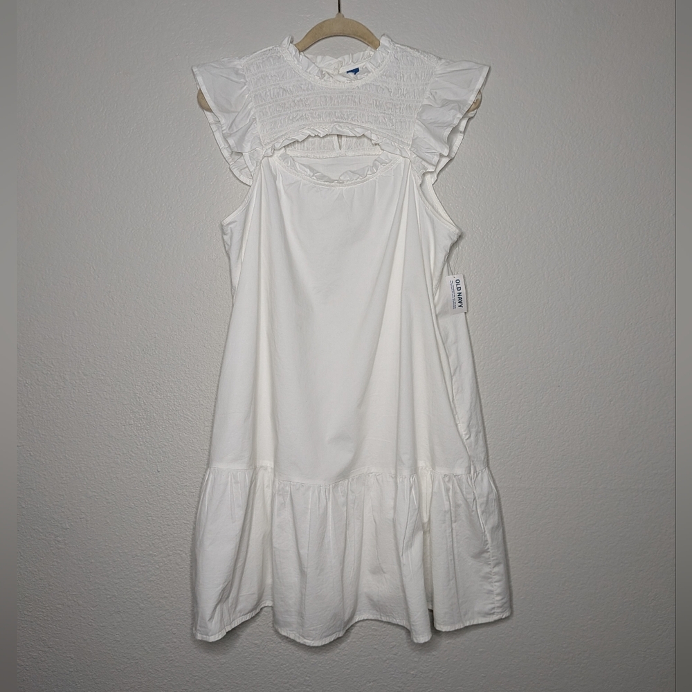 New Old Navy Womens White Flutter Sleeve Poplin Cut Out Mini Swing Dress M NWT